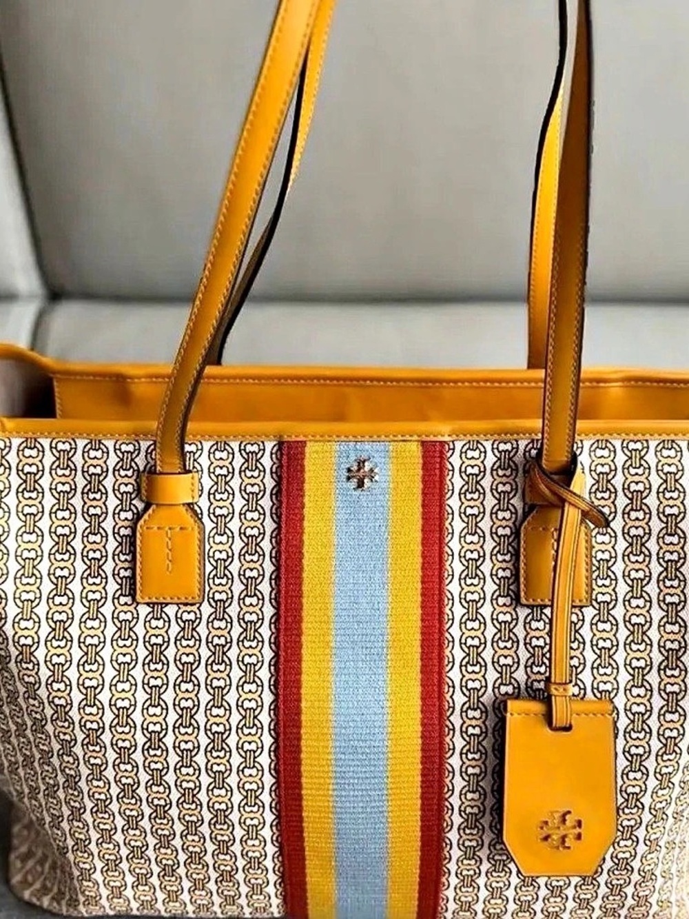 Tory Burch Gemini Link Canvas Tote Printed Stripe Tote in White & Yellow Like